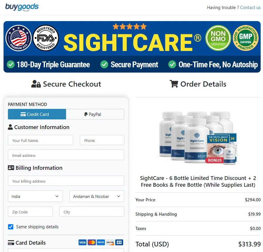 Sight Care order page